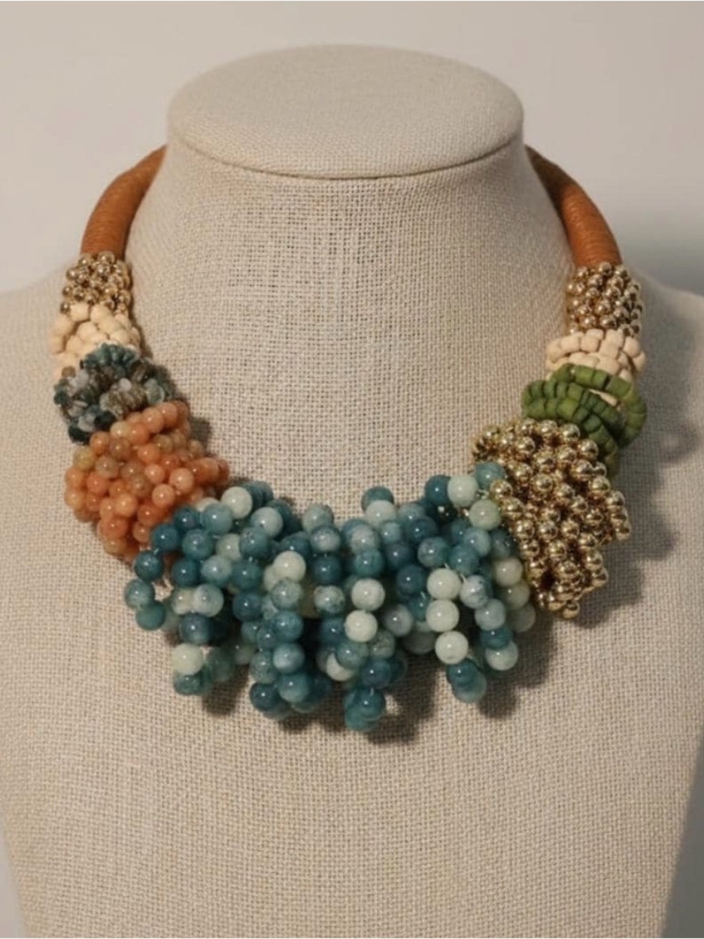 Beaded Cluster Statement Necklace - Blue, Peach & Gold